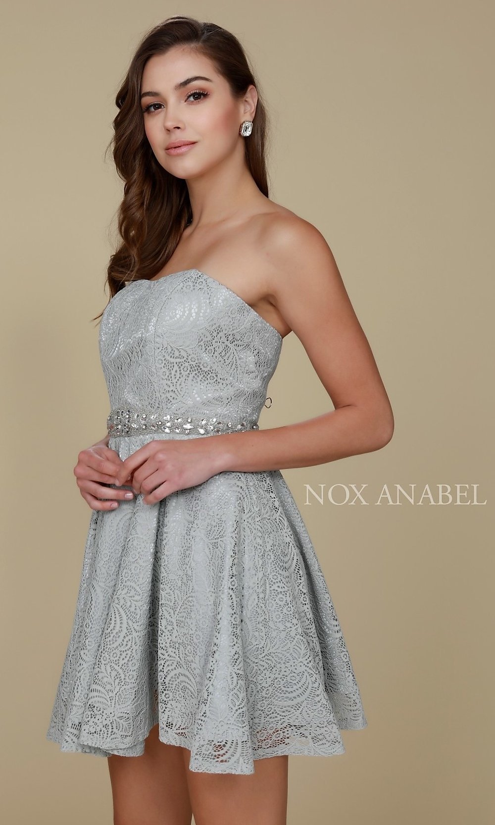Gray Beaded-Waist Short Strapless Lace Homecoming Dress