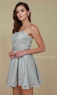 Gray Beaded-Waist Short Strapless Lace Homecoming Dress