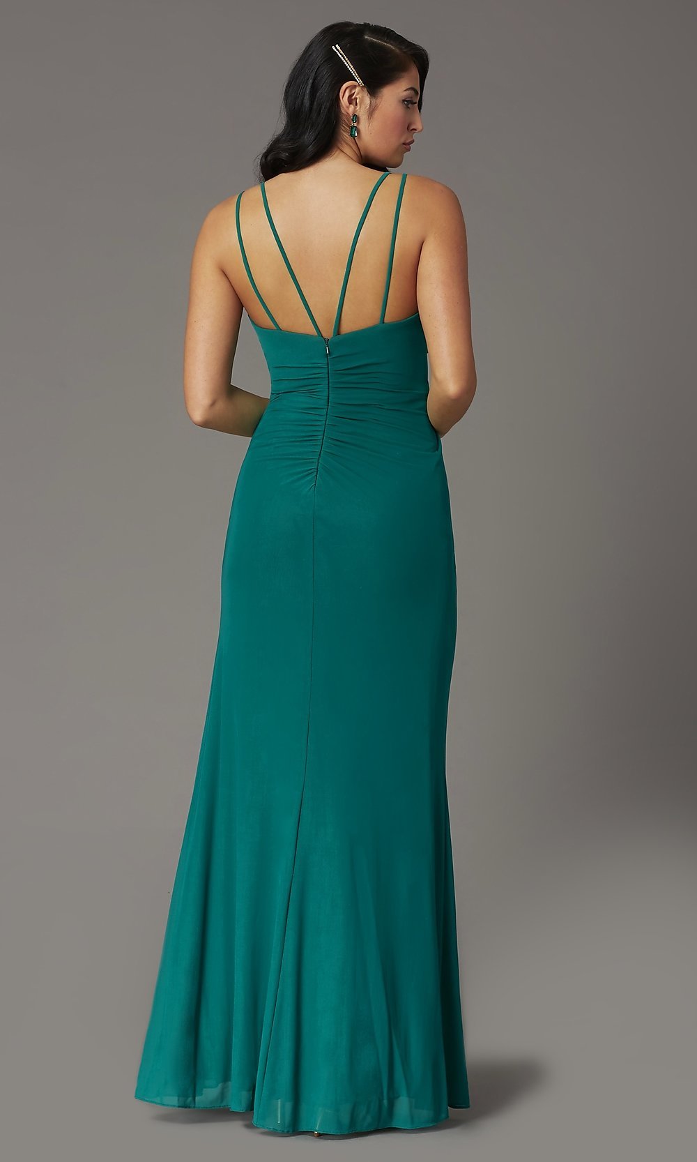 V-Neck Pleated Chiffon Tight Long Prom Dress with Slit Dusty Blue / XLarge V-Neck Pleated Chiffon Tight Long Prom Dress with Slit Dusty Blue / XLarge