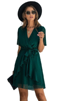 Green Swiss Dot Short Casual Wrap Dress with Sleeves