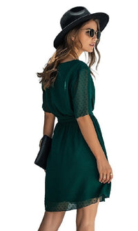  Swiss Dot Short Casual Wrap Dress with Sleeves