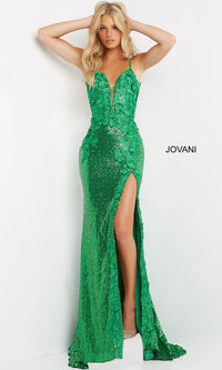 Green Jovani Long Sequin Backless Prom Dress with Slit