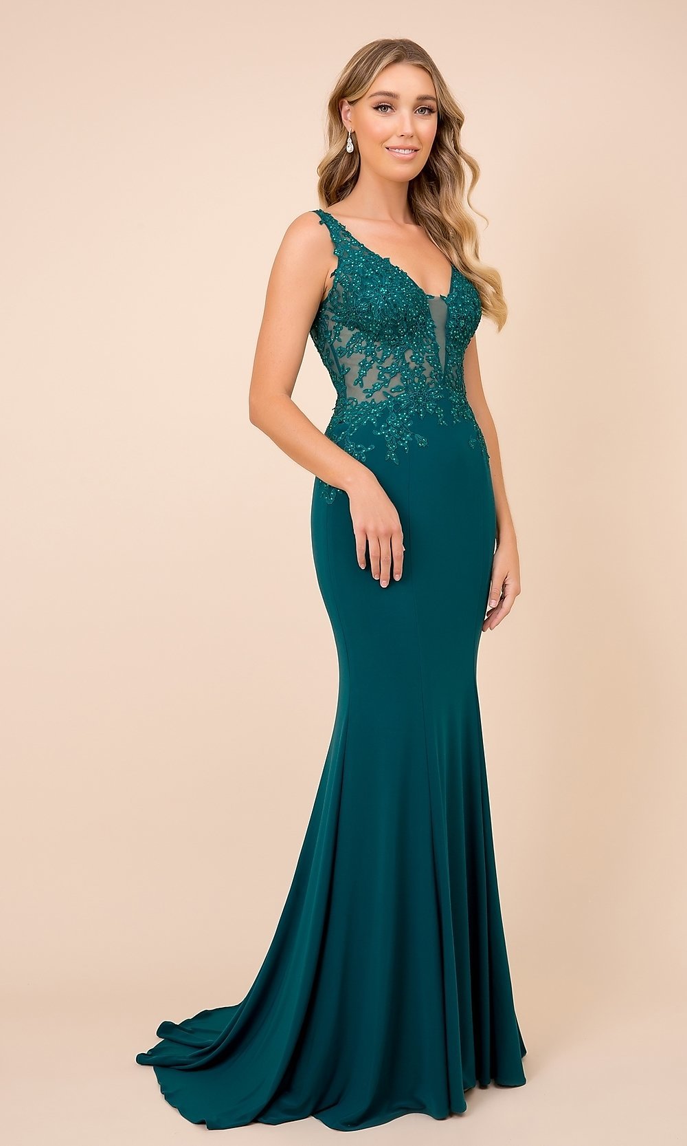 Green Embroidered Sheer-Bodice Long Formal Prom Gown