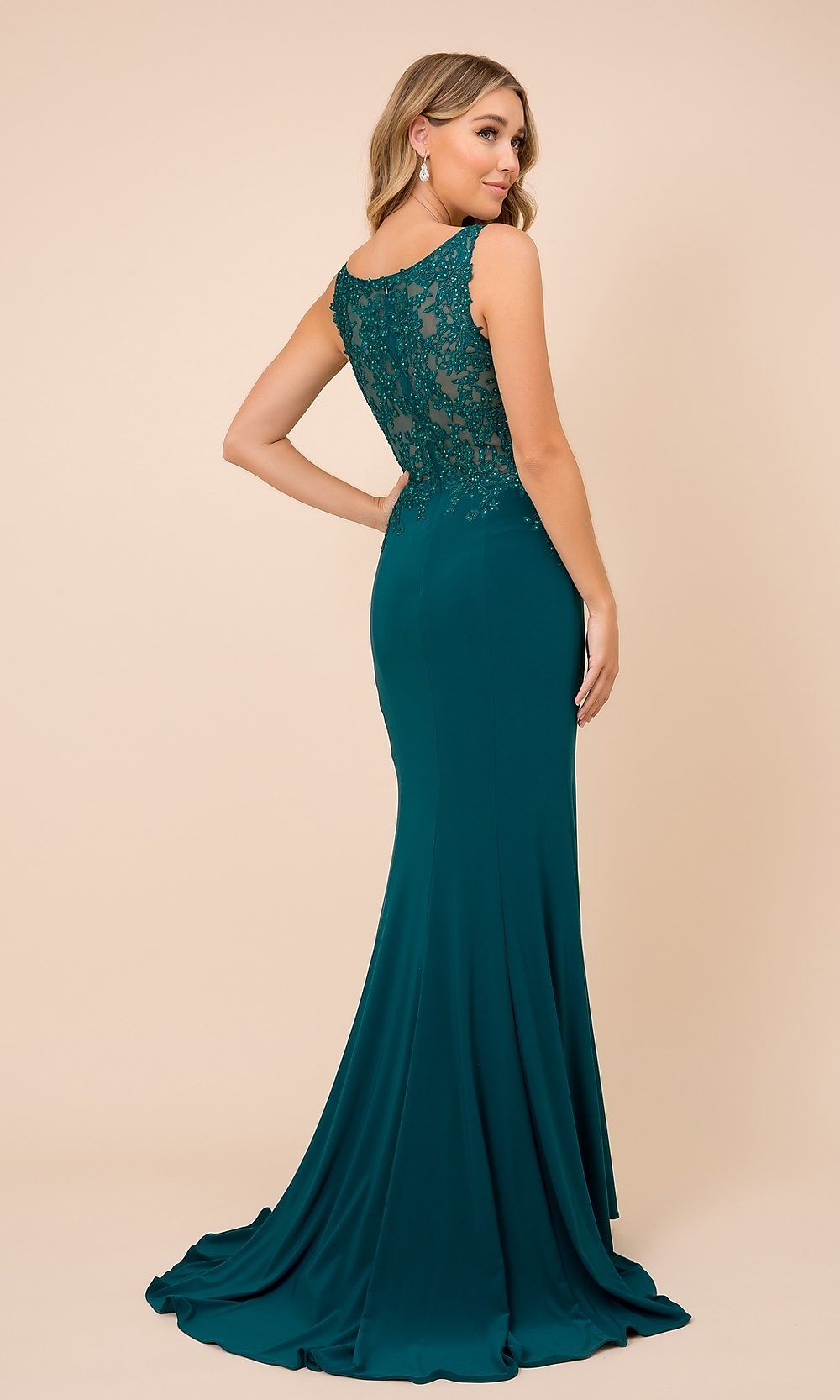  Embroidered Sheer-Bodice Long Formal Prom Gown