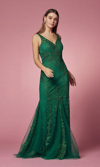 Green Deep V-Back Long Prom Dress with Beaded Embroidery