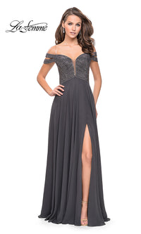 Gunmetal Off-the-Shoulder Open-Back Long La Femme Prom Dress