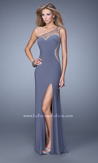 Gunmetal La Femme One-Shoulder Long A-Line Prom Dress