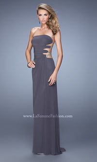 Gunmetal Strapless La Femme Prom Dress with Open Back