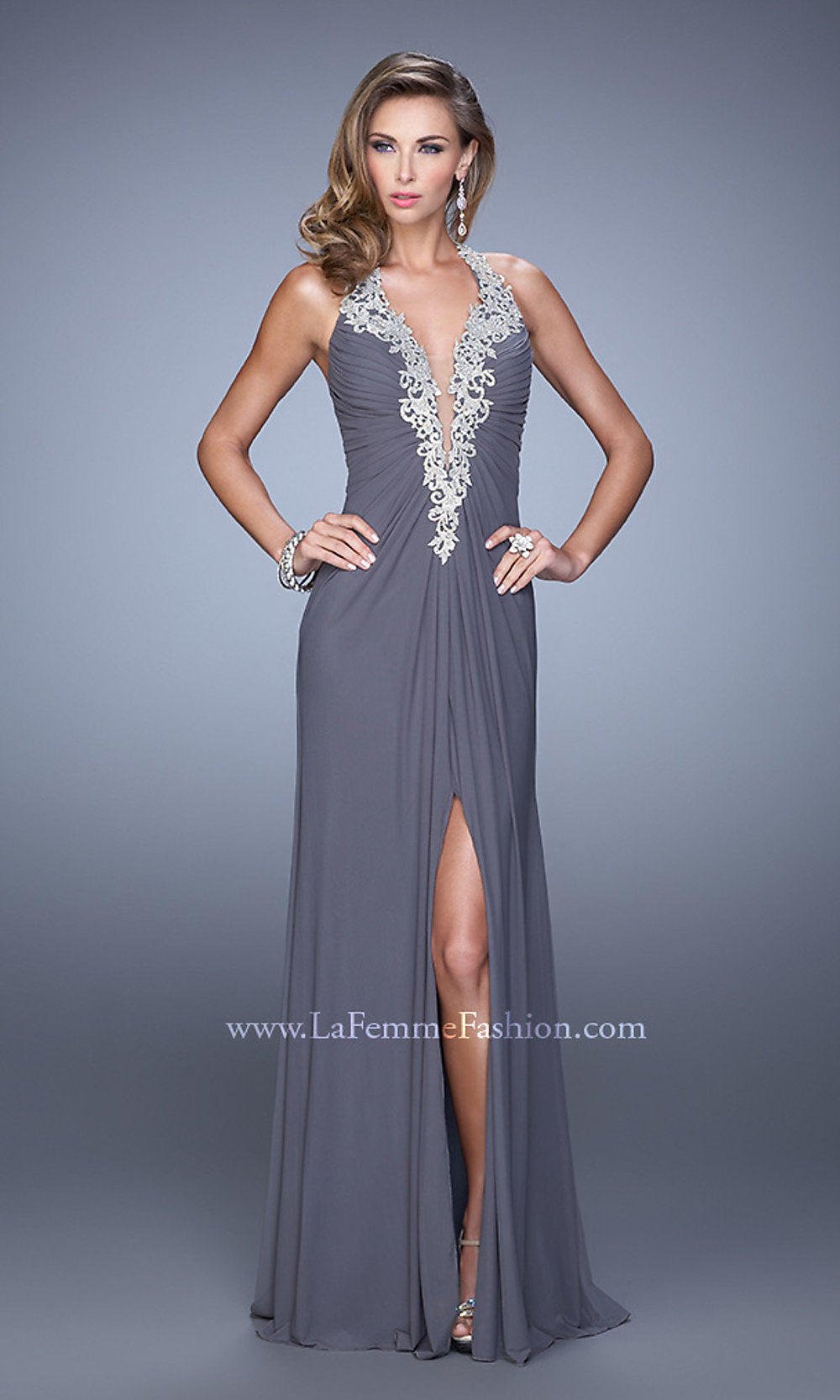 Gunmetal La Femme Deep V-Neck Halter Long Prom Dress