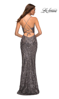  La Femme Strappy-Back Sequin-Print Long Prom Dress