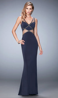 Gunmetal La Femme Prom Dress with V-Neck and Open Back