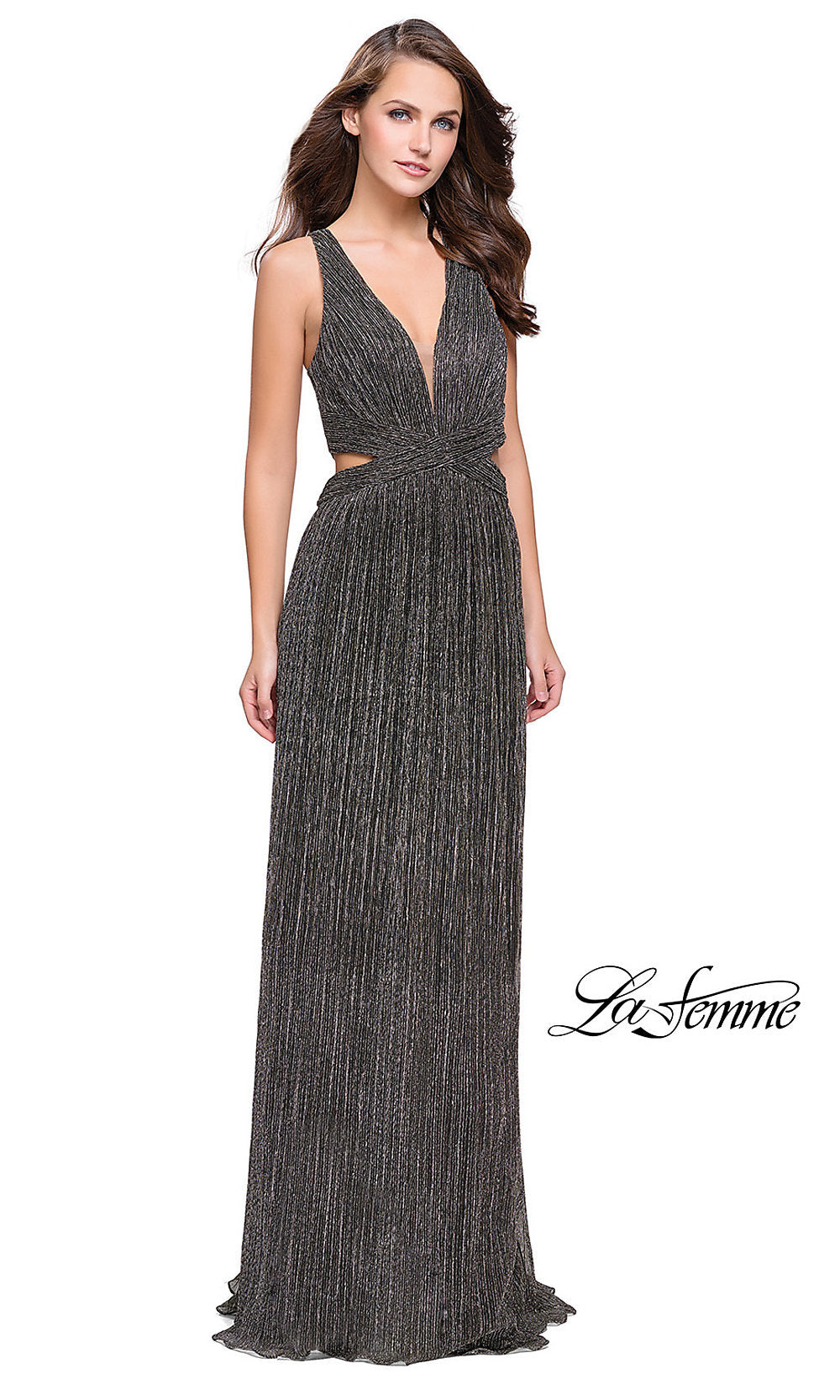  Long Open-Back Illusion V-Neck Pleated La Femme Prom Dress
