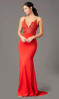 Heartbreaker Long V-Neck Lace-Bodice PromGirl Prom Dress