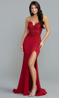 Heartthrob Embroidered-Bodice Strapless Long Formal Dress