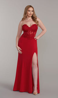  Embroidered-Bodice Strapless Long Formal Dress