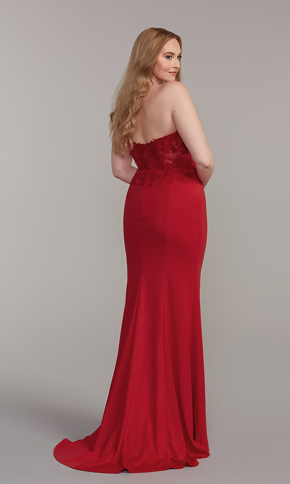  Embroidered-Bodice Strapless Long Formal Dress