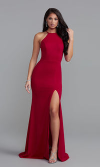  High-Neck Long Formal Prom Dress with Lace Back
