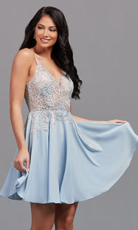 Honolulu Embroidered-Sheer-Bodice Short Prom Dress