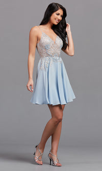  Embroidered-Sheer-Bodice Short Prom Dress