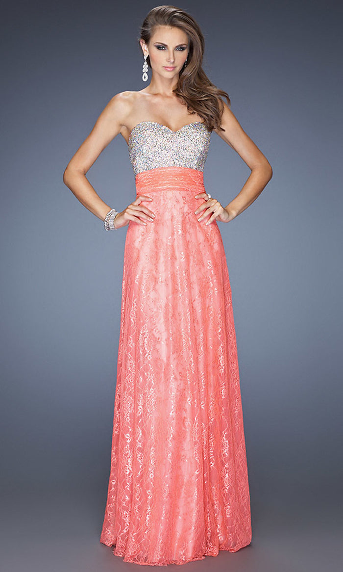 Hot Coral Full Length Sweetheart Open Back Lace Gown