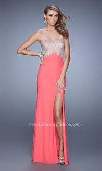 Hot Coral La Femme Long Strapless Prom Dress