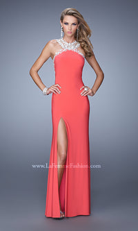 Hot Coral La Femme HIgh-Neck Open-Back Long Prom Dress
