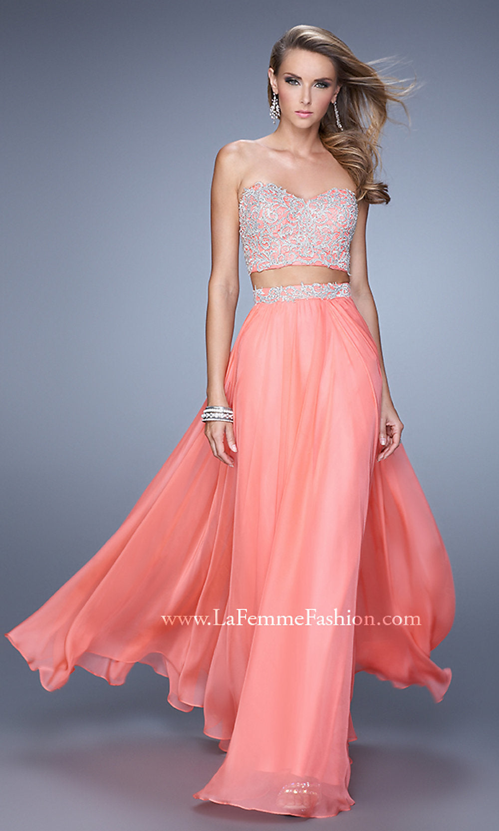 Hot Coral Long Two-Piece La Femme Designer Prom Dress