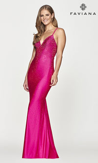 Hot Pink Open-Back Faviana Long Beaded Prom Dress