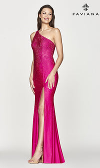 Hot Pink Long One-Shoulder Hot Pink Prom Dress by Faviana