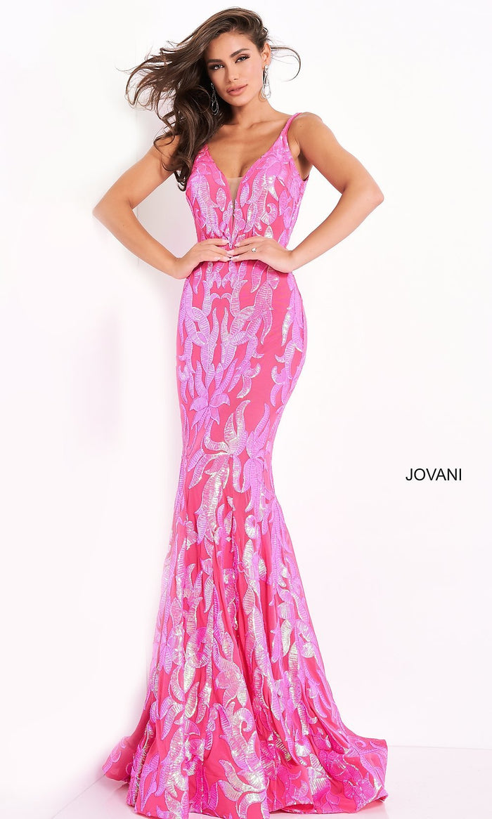 Hot Pink Jovani Long Sexy Sequin Mermaid Formal Prom Dress