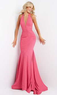 Hot Pink Hot Pink Glitter Long Halter Mermaid Prom Gown
