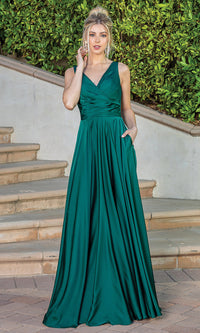 Hunter Green Corset-Back Long A-Line Prom Dress with Pockets