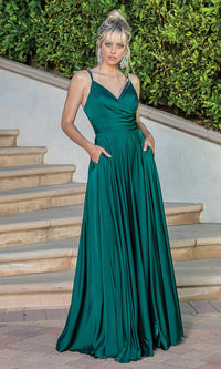 Hunter Green Corset-Back Long A-Line Prom Gown with Pockets