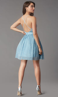 Ice Blue Backless Short Metallic Homecoming Party Dress