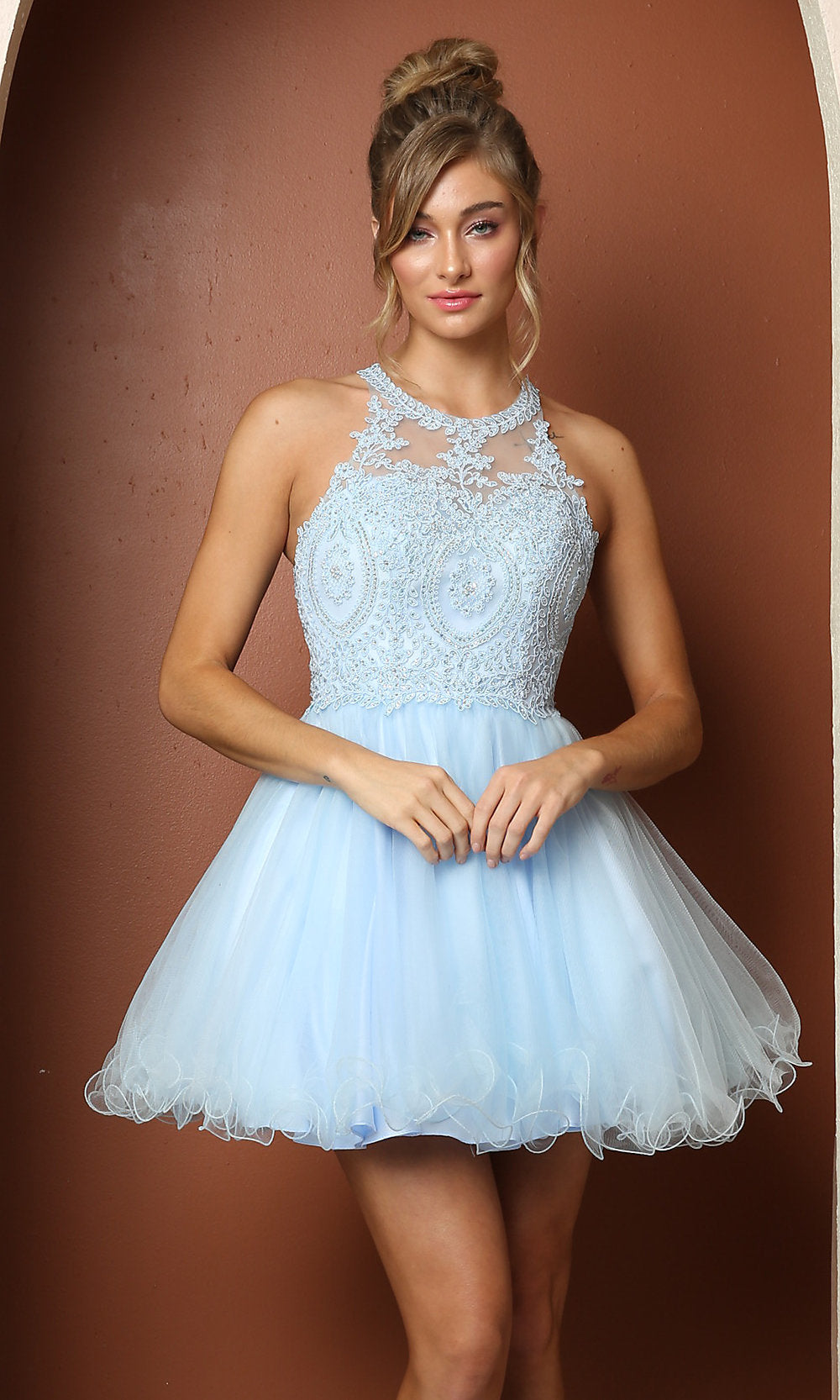 Ice Blue Sheer-Bodice Short Babydoll Homecoming Dress