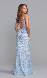 Ice Blue Corset-Bodice Long Blue Glitter Formal Prom Dress
