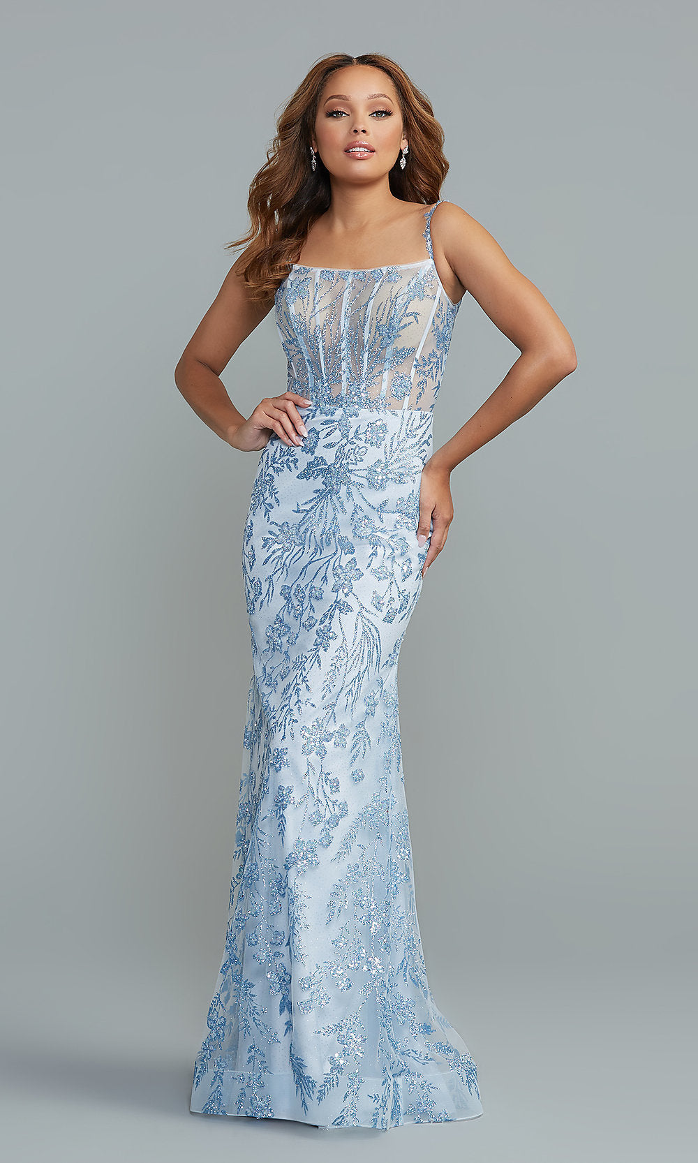  Corset-Bodice Long Blue Glitter Formal Prom Dress