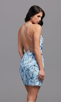  Beaded Backless Blue Short Party Dress