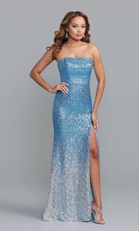  Ice Blue Ombre Strapless Long Sequin Prom Dress