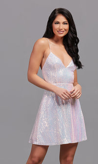 Iridescent Short A-Line Iridescent-Sequin Homecoming Dress