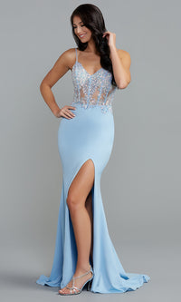 Iridescent Sky Long V-Neck Prom Dress with Sequined Sheer Bodice