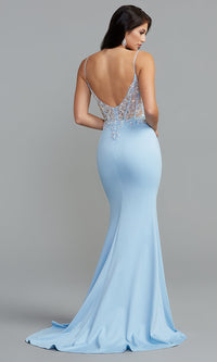  Long V-Neck Prom Dress with Sequined Sheer Bodice