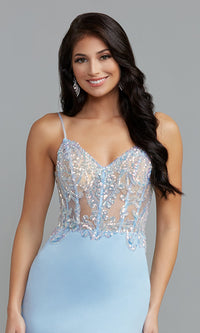  Long V-Neck Prom Dress with Sequined Sheer Bodice