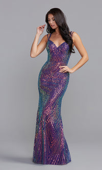 Iridescent Purple Iridescent Shimmer Strappy Long Formal Prom Dress