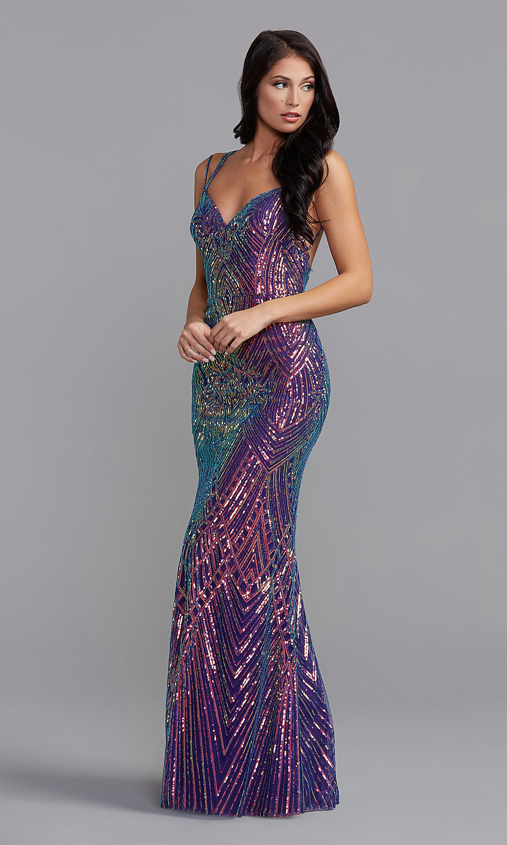  Iridescent Shimmer Strappy Long Formal Prom Dress