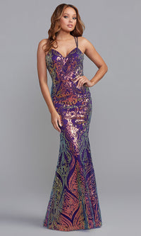 Iridescent Purple Strappy-Open-Back Long Sequin-Print Prom Dress