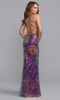  Strappy-Open-Back Long Sequin-Print Prom Dress