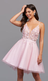 Iridescent Pink Exclusive Sheer-Bodice Short Homecoming Dress
