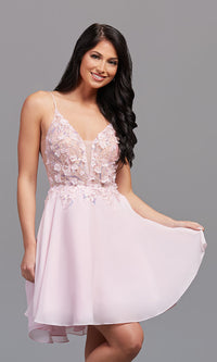 Iridescent Pink Sheer-Bodice Short Chiffon Homecoming Dress