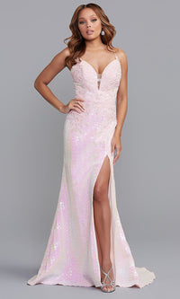 Iridescent Pink Low-V-Neck Sexy Long Sequin Formal Prom Gown